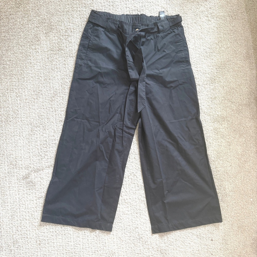 M&S Collection Black Poplin Wide Leg Cropped Trousers Belted Sz 10 Lightweight